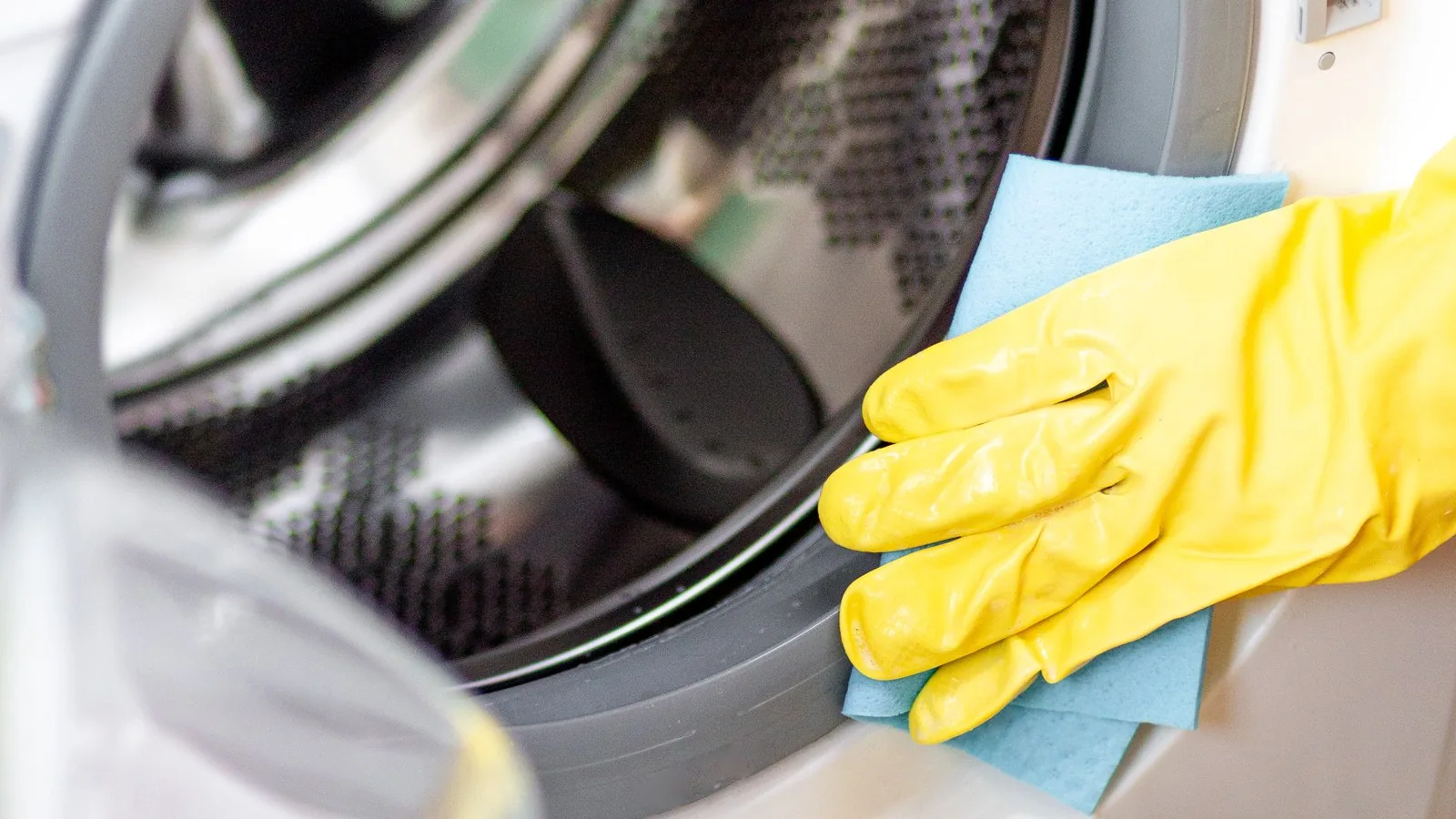 A gloved hand wiping the rubber door seal of a front-loading washing machine.